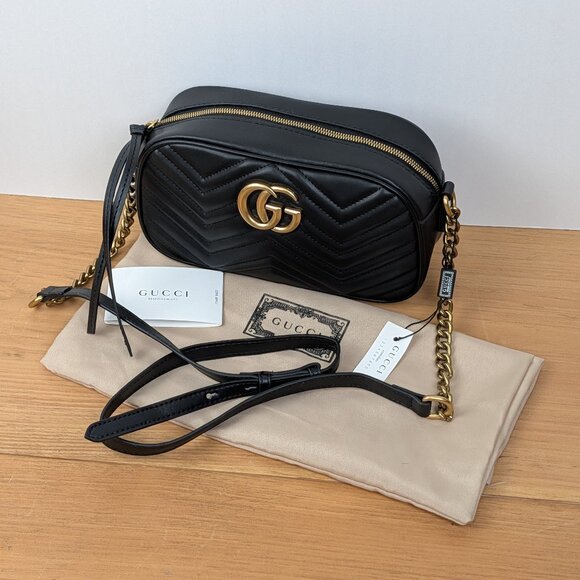 Gucci GG Marmont Small Matelassé Shoulder Bag Black Leather Gold Chain Crossbody - Picture 1 of 3